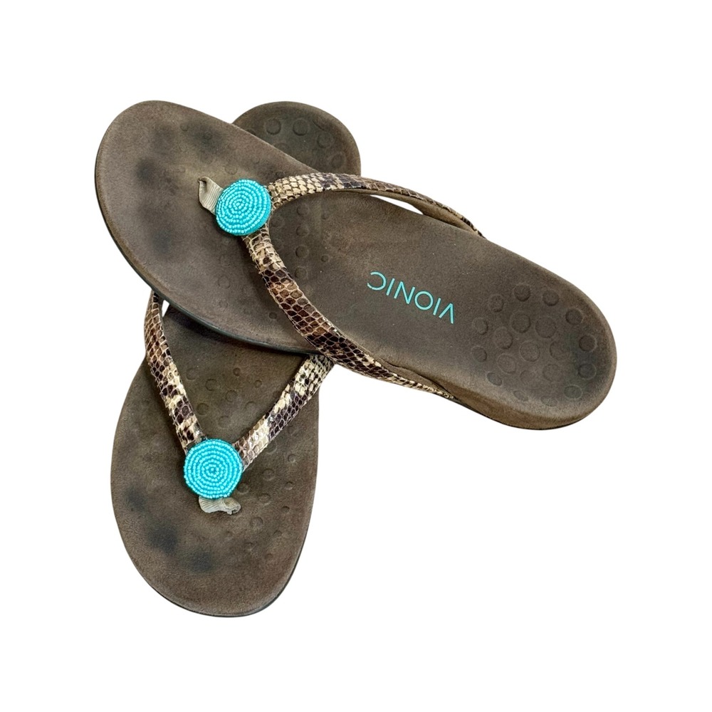 Vionic Floriana Snakeskin Beaded Thong Sandals Brown Turquoise‎ Size-9 Orthaheel